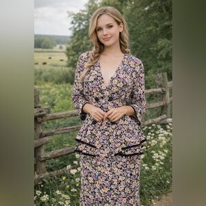 RARE VTG Jonathan Martin Multicolor Floral Ruffle Midi Dress cottagecore easter